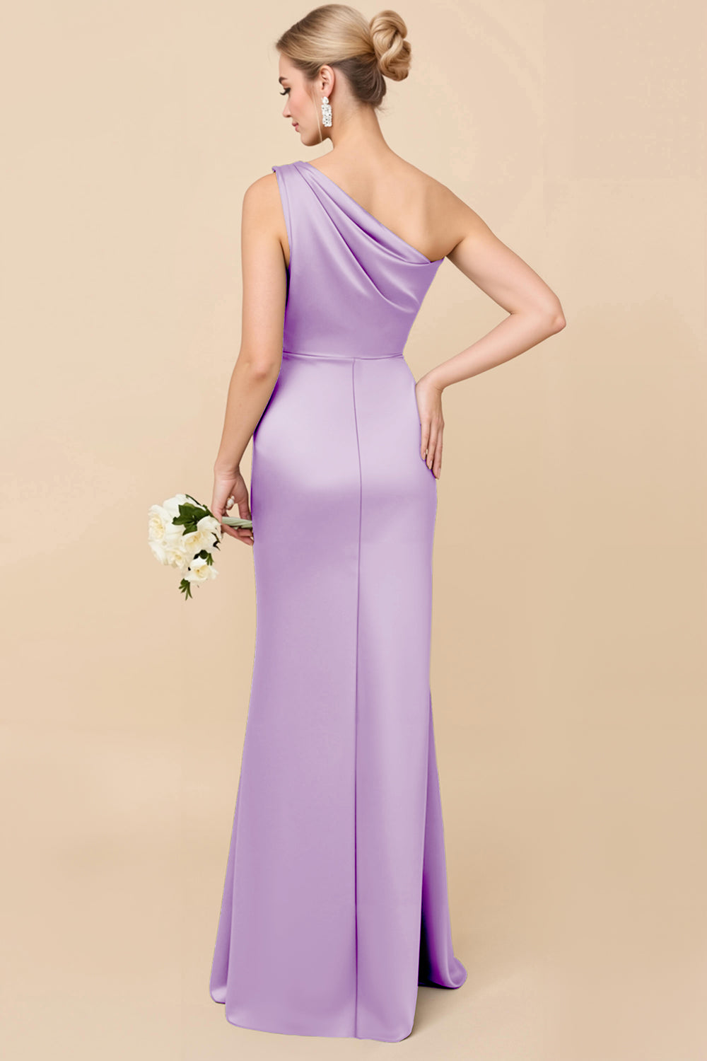One Shoulder Sheath Eucalyptus Ruched Long Satin Bridesmaid Dress