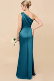 One Shoulder Sheath Eucalyptus Ruched Long Satin Bridesmaid Dress
