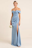 Matte Satin Off the Shoulder Dusty Blue Sheath Long Bridesmaid Dress with Slit