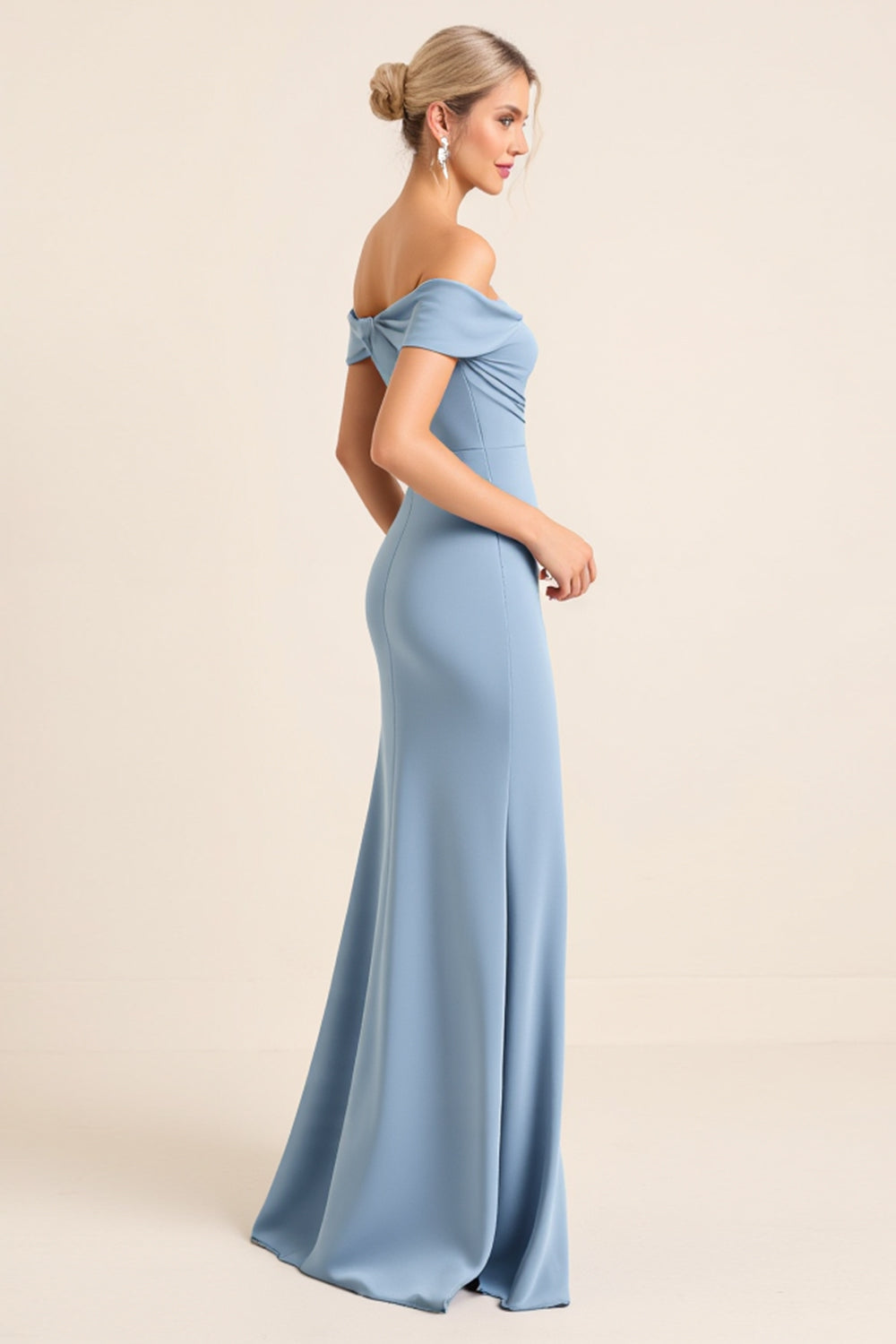 Matte Satin Off the Shoulder Dusty Blue Sheath Long Bridesmaid Dress with Slit
