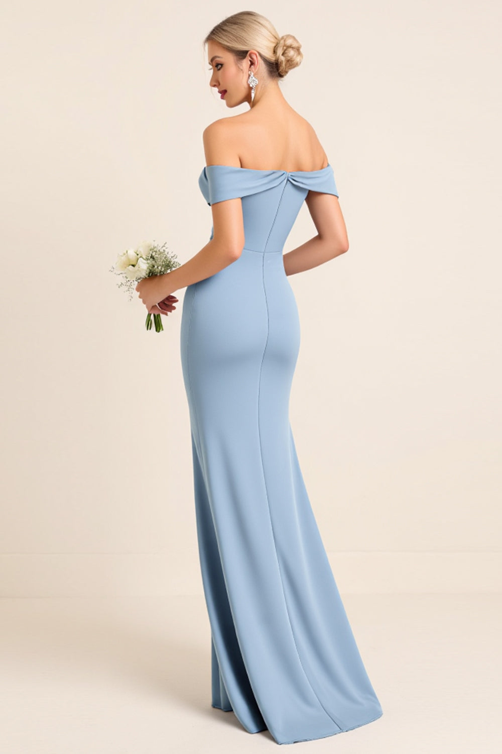 Matte Satin Off the Shoulder Dusty Blue Sheath Long Bridesmaid Dress with Slit