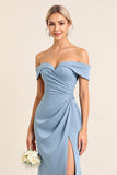 Matte Satin Off the Shoulder Dusty Blue Sheath Long Bridesmaid Dress with Slit