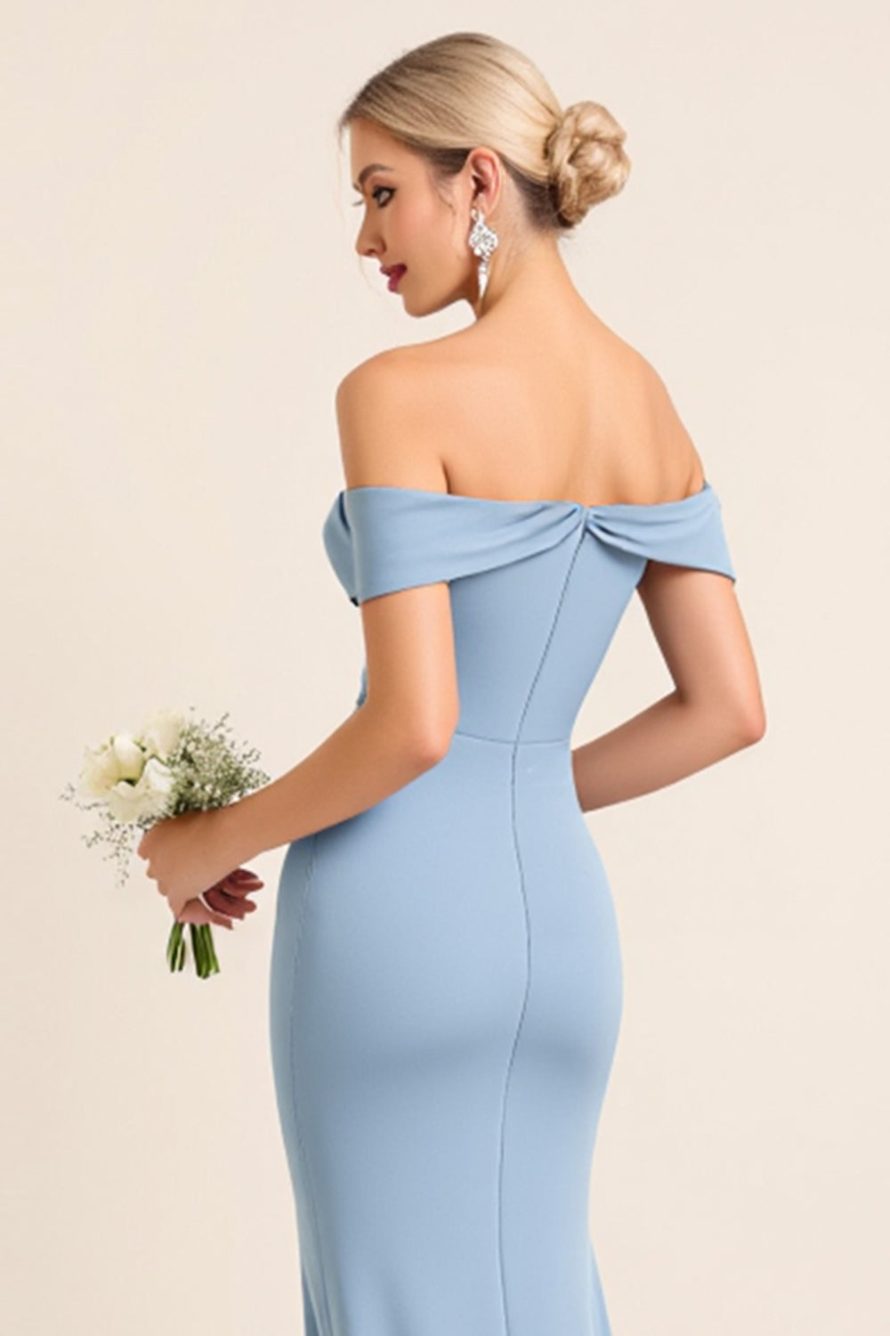 Matte Satin Off the Shoulder Dusty Blue Sheath Long Bridesmaid Dress with Slit