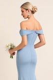 Matte Satin Off the Shoulder Dusty Blue Sheath Long Bridesmaid Dress with Slit
