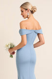 Matte Satin Off the Shoulder Dusty Blue Sheath Long Bridesmaid Dress with Slit