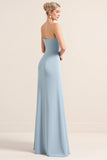 Stretch Satin Dusty Blue Strapless Sheath Long Bridesmaid Dress with Slit