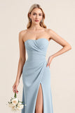 Stretch Satin Dusty Blue Strapless Sheath Long Bridesmaid Dress with Slit