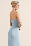 Stretch Satin Dusty Blue Strapless Sheath Long Bridesmaid Dress with Slit