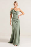 Olive One Shoulder Ruched Chiffon Sheath Long Bridesmaid Dress