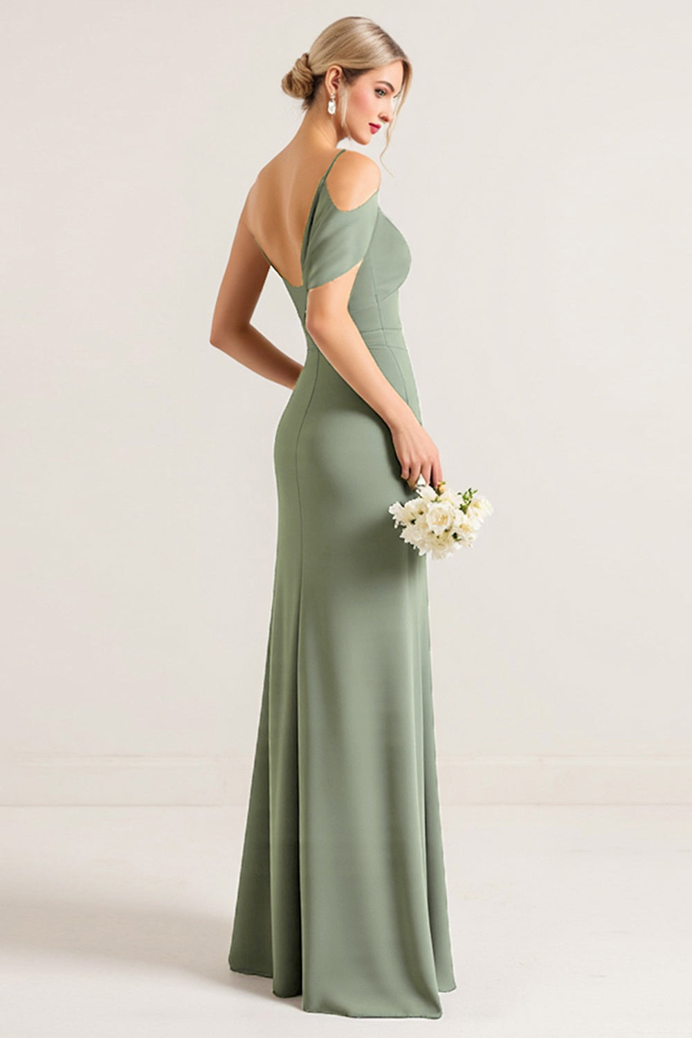 Olive One Shoulder Ruched Chiffon Sheath Long Bridesmaid Dress