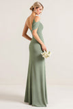 Olive One Shoulder Ruched Chiffon Sheath Long Bridesmaid Dress