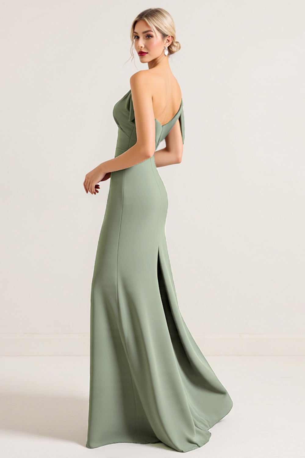 Olive One Shoulder Ruched Chiffon Sheath Long Bridesmaid Dress
