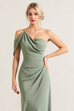 Olive One Shoulder Ruched Chiffon Sheath Long Bridesmaid Dress