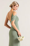 Olive One Shoulder Ruched Chiffon Sheath Long Bridesmaid Dress