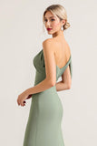 Olive One Shoulder Ruched Chiffon Sheath Long Bridesmaid Dress