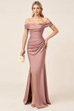Dusty Rose Matte Satin Off the Shoulder Ruched Long Bridesmaid Dress