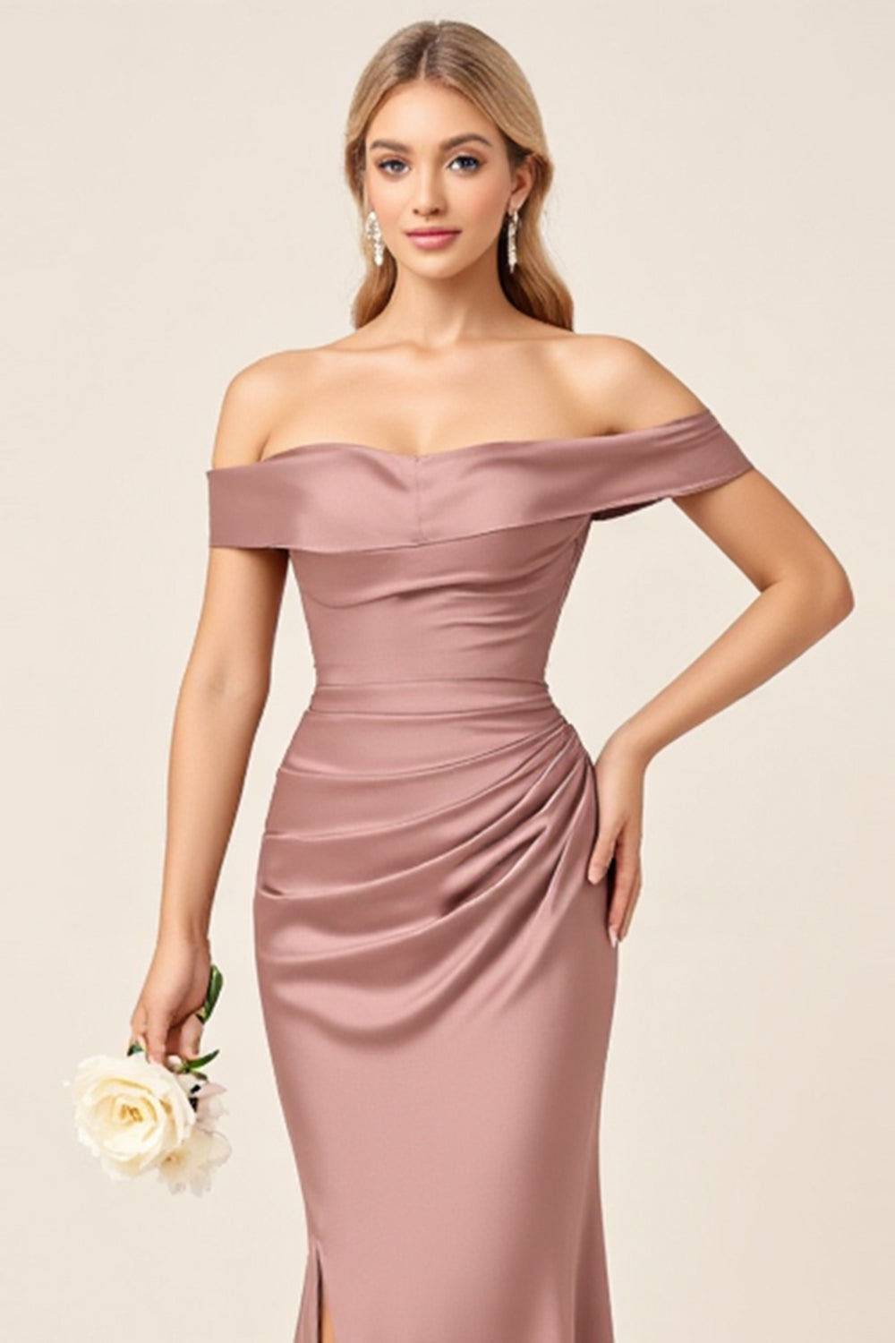 Dusty Rose Matte Satin Off the Shoulder Ruched Long Bridesmaid Dress