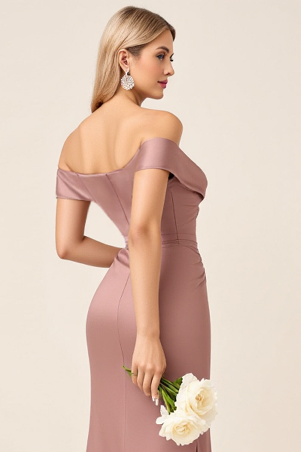 Dusty Rose Matte Satin Off the Shoulder Ruched Long Bridesmaid Dress