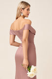 Dusty Rose Matte Satin Off the Shoulder Ruched Long Bridesmaid Dress