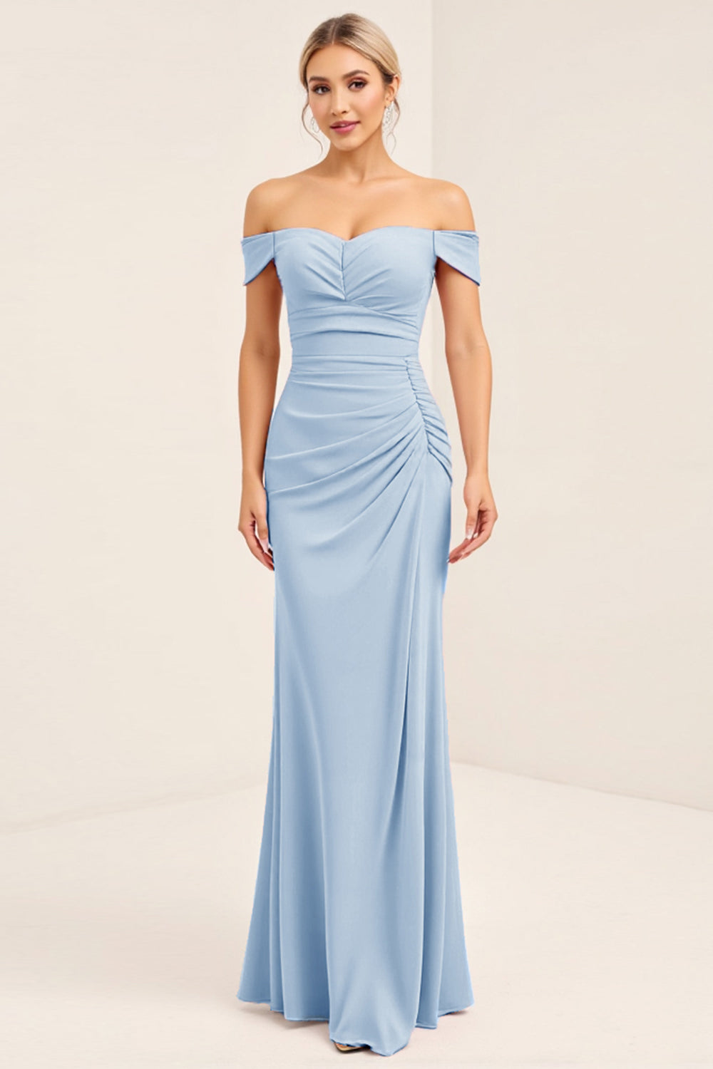 Blush Pink Ruched Off the Shoulder Sheath Bridesmaid Dress