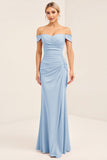 Blush Pink Ruched Off the Shoulder Sheath Bridesmaid Dress