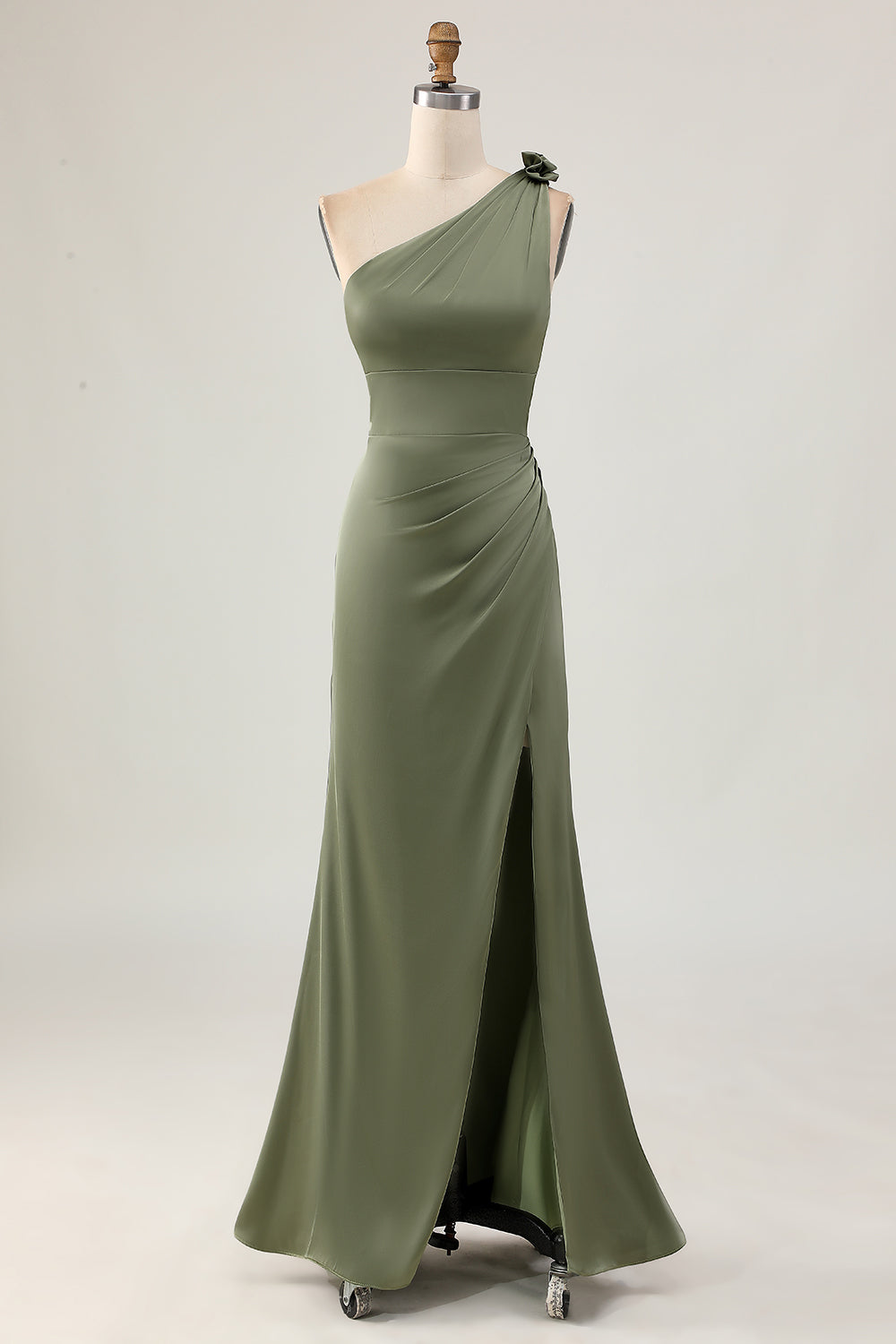 Eucalyptus One Shoulder Mermaid Long Bridesmaid Dress with Slit