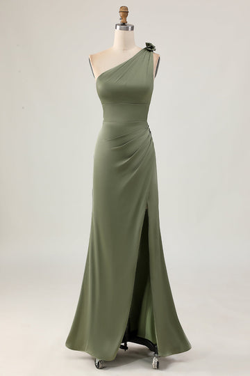 Eucalyptus One Shoulder Mermaid Long Bridesmaid Dress with Slit