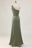 Eucalyptus One Shoulder Mermaid Long Bridesmaid Dress with Slit