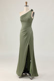 Eucalyptus One Shoulder Mermaid Long Bridesmaid Dress with Slit