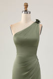Eucalyptus One Shoulder Mermaid Long Bridesmaid Dress with Slit