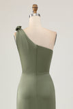 Eucalyptus One Shoulder Mermaid Long Bridesmaid Dress with Slit