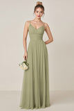 Sage Green A Line Chiffon Spaghetti Straps Long Bridesmaid Dress with Slit
