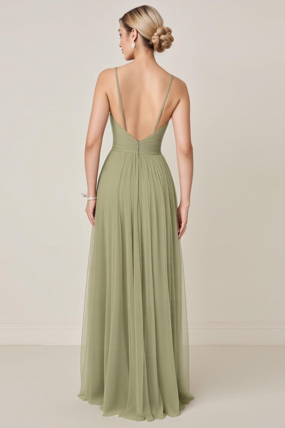 Sage Green A Line Chiffon Spaghetti Straps Long Bridesmaid Dress with Slit