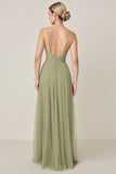Sage Green A Line Chiffon Spaghetti Straps Long Bridesmaid Dress with Slit