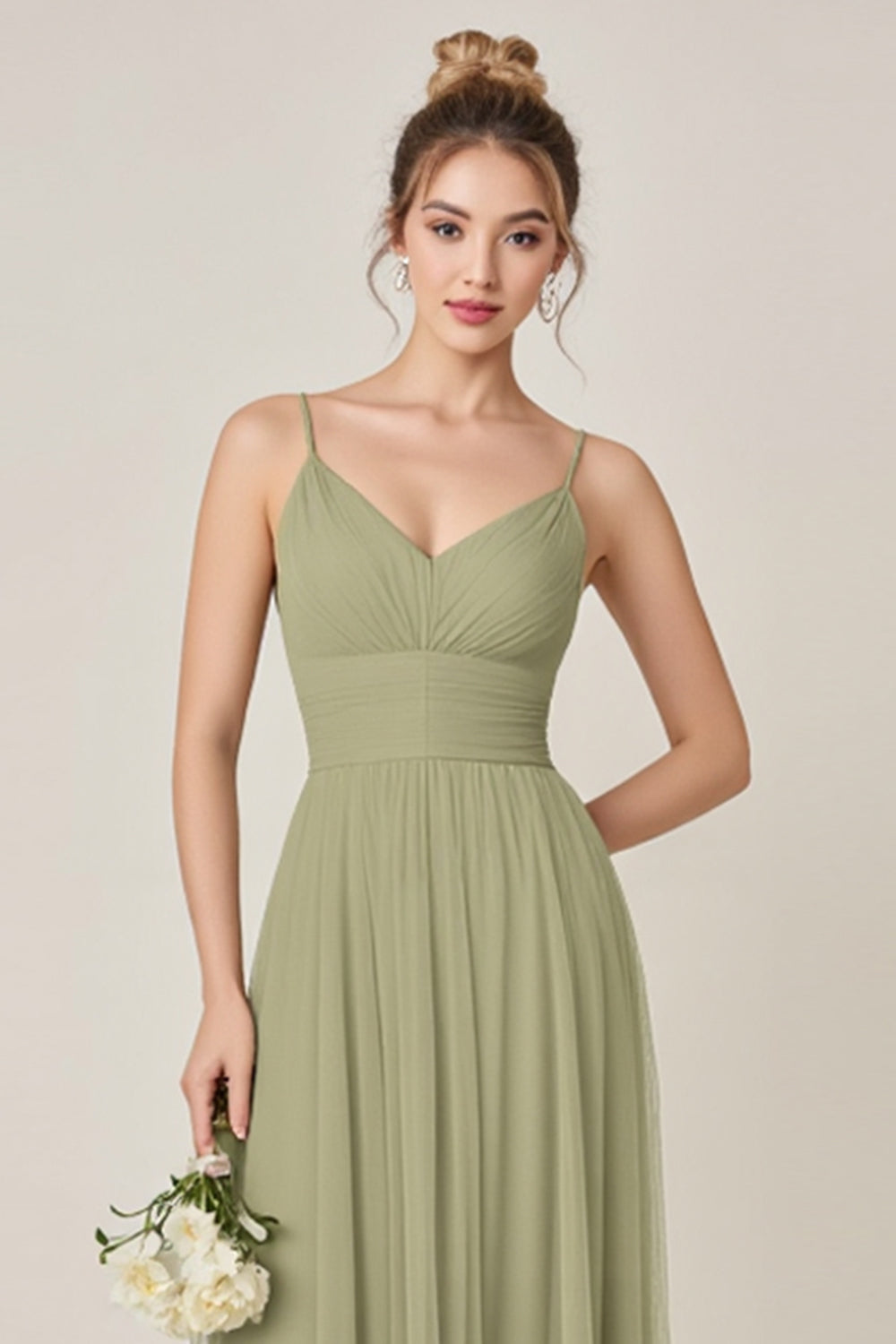 Sage Green A Line Chiffon Spaghetti Straps Long Bridesmaid Dress with Slit