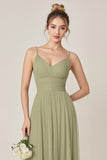 Sage Green A Line Chiffon Spaghetti Straps Long Bridesmaid Dress with Slit