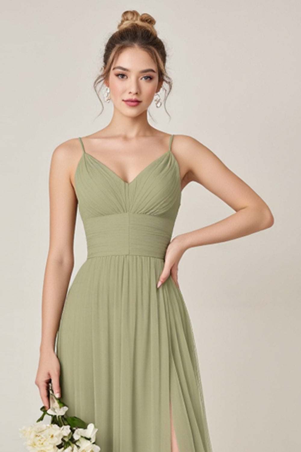 Sage Green A Line Chiffon Spaghetti Straps Long Bridesmaid Dress with Slit