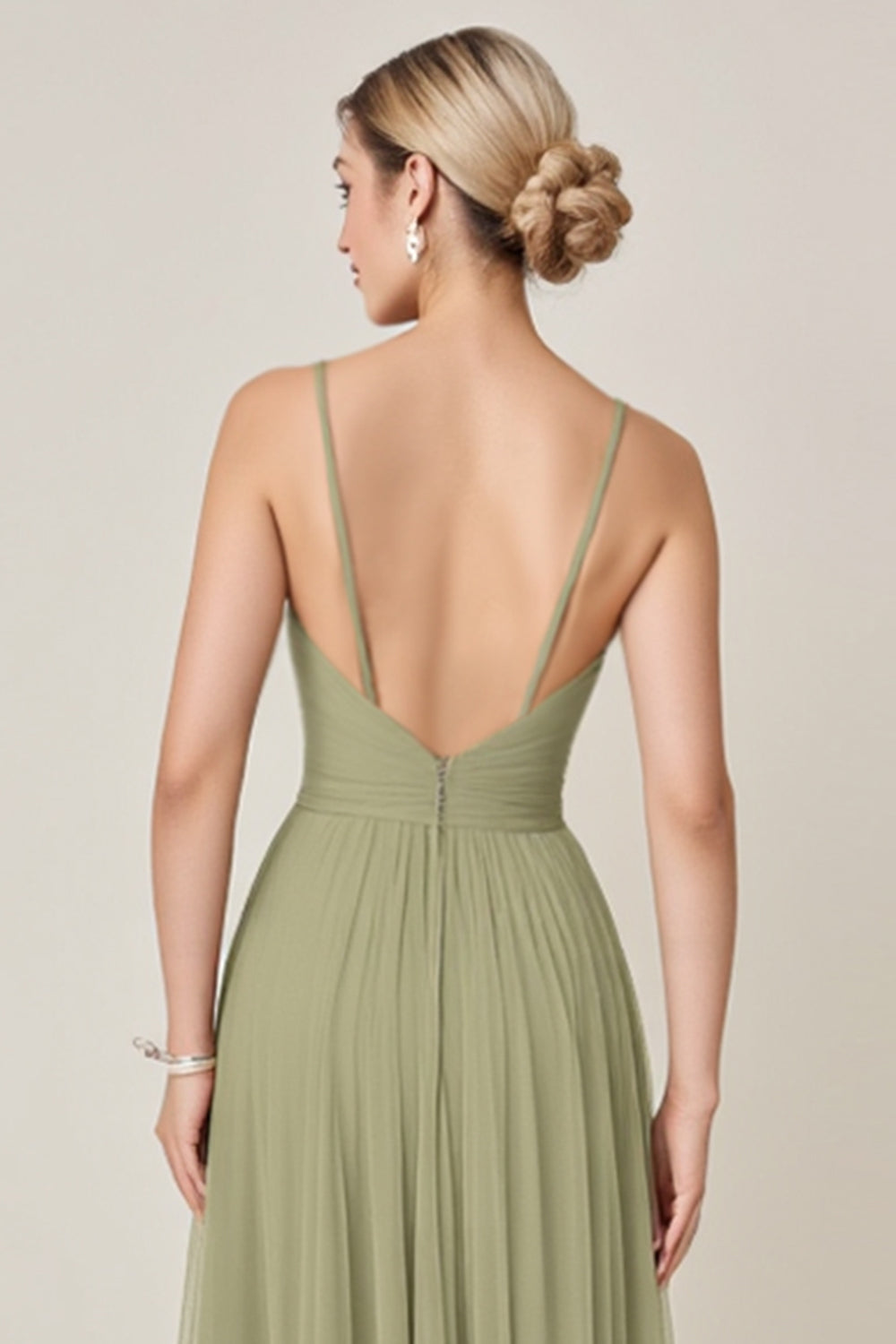 Sage Green A Line Chiffon Spaghetti Straps Long Bridesmaid Dress with Slit