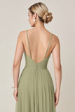 Sage Green A Line Chiffon Spaghetti Straps Long Bridesmaid Dress with Slit