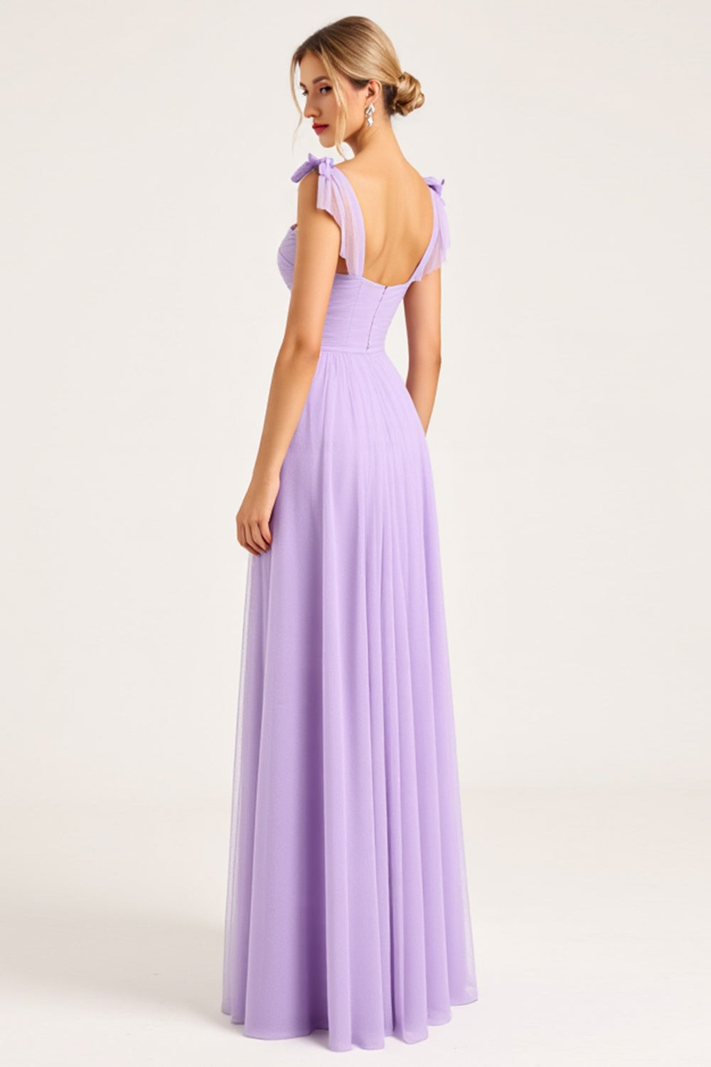 Lilac Ruched Chiffon A Line Long Bridesmaid Dress with Slit