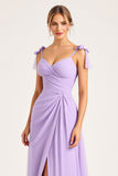 Lilac Ruched Chiffon A Line Long Bridesmaid Dress with Slit