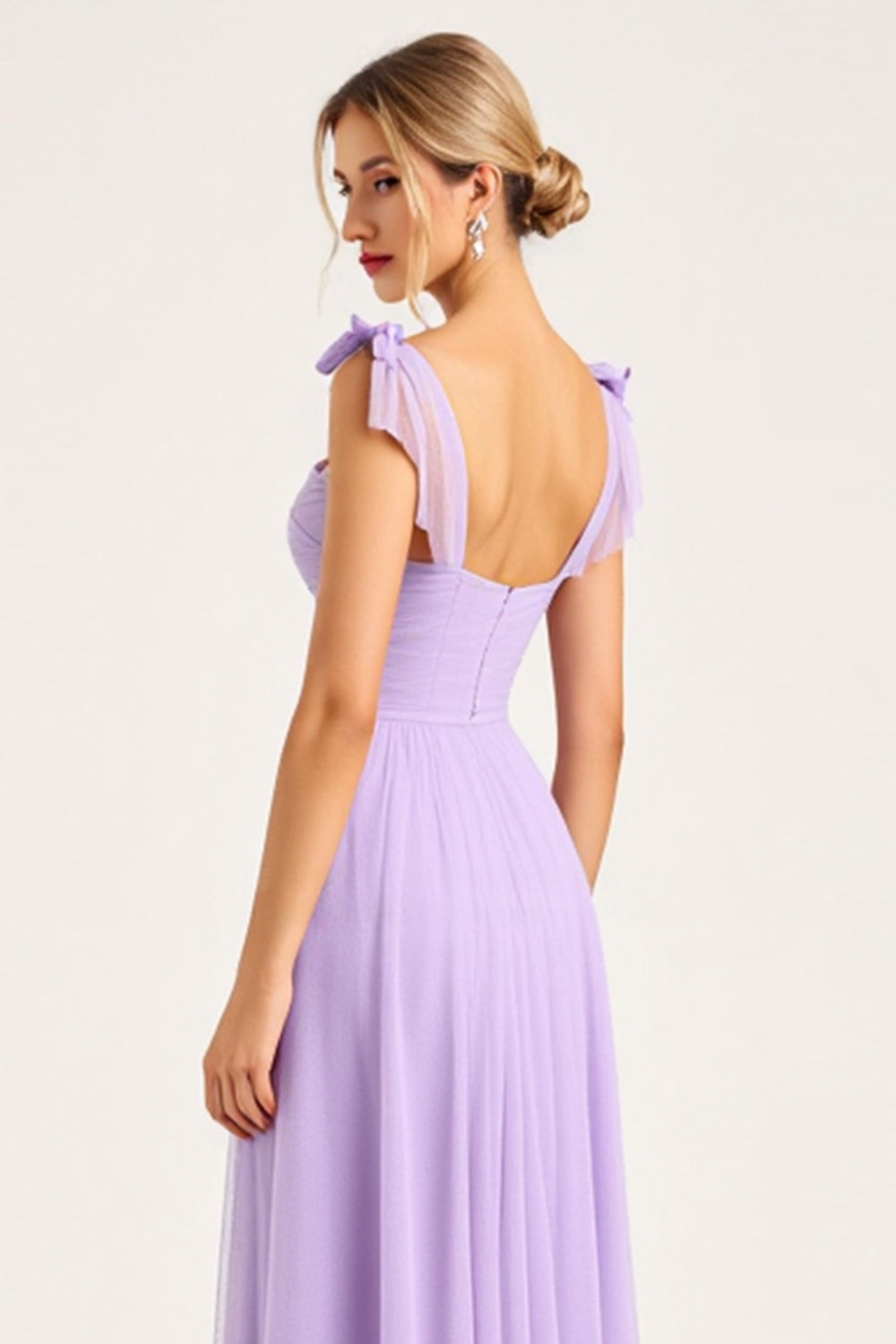 Lilac Ruched Chiffon A Line Long Bridesmaid Dress with Slit