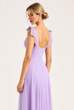 Lilac Ruched Chiffon A Line Long Bridesmaid Dress with Slit