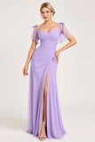 Lilac A Line Long Chiffon Bridesmaid Dress with Slit