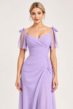 Lilac A Line Long Chiffon Bridesmaid Dress with Slit