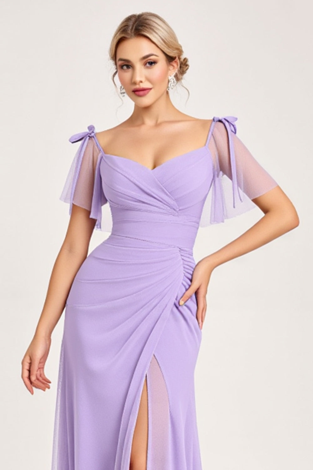 Lilac A Line Long Chiffon Bridesmaid Dress with Slit