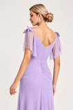 Lilac A Line Long Chiffon Bridesmaid Dress with Slit