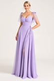 Chiffon Lilac A Line Tie-up Shoulder Straps Long Bridesmaid Dress with Slit