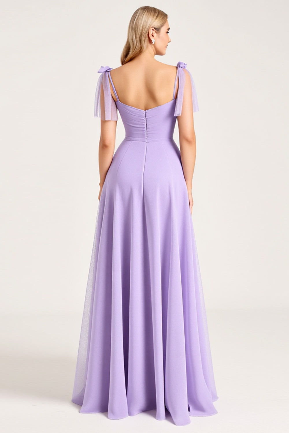 Chiffon Lilac A Line Tie-up Shoulder Straps Long Bridesmaid Dress with Slit