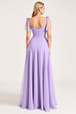 Chiffon Lilac A Line Tie-up Shoulder Straps Long Bridesmaid Dress with Slit